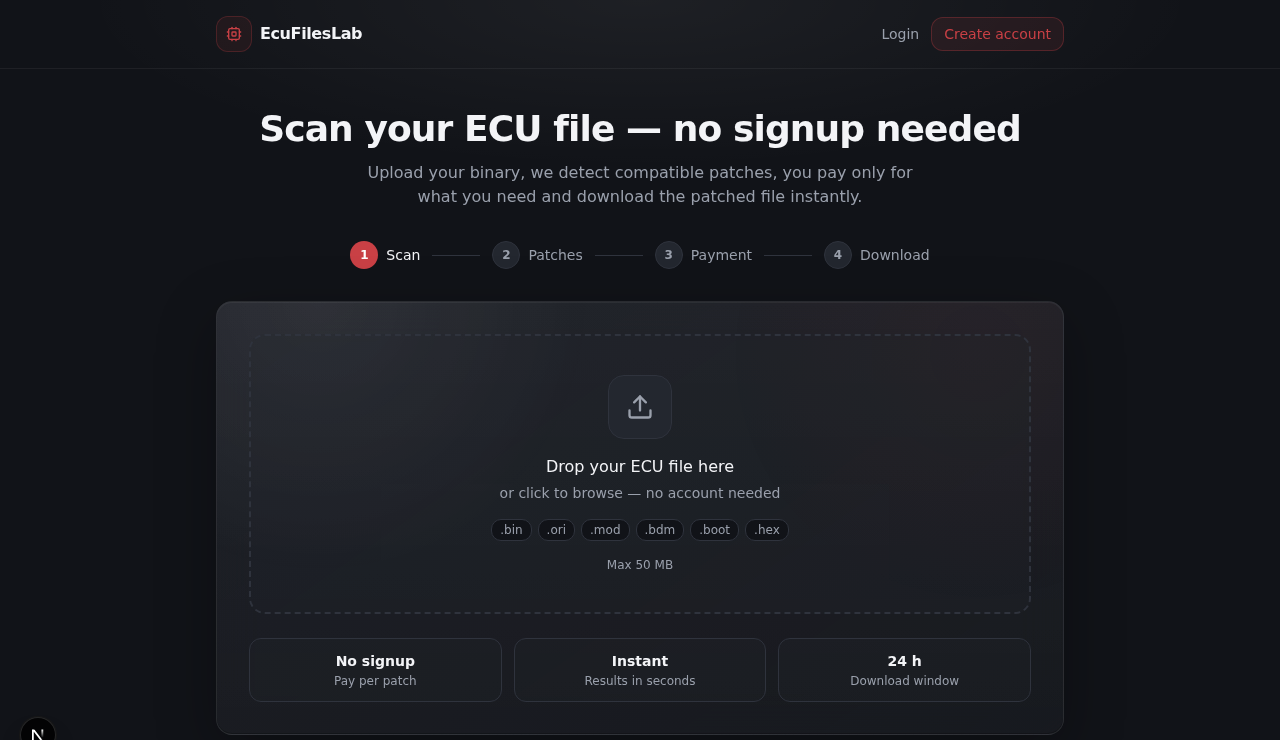 La pagina di scansione ospite di EcuFilesLab — upload drag-and-drop di una lettura ECU originale